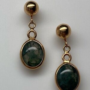 14K Yellow Gold Double Cabochon Green Gemstone Dangle Earrings 2.3 Grams